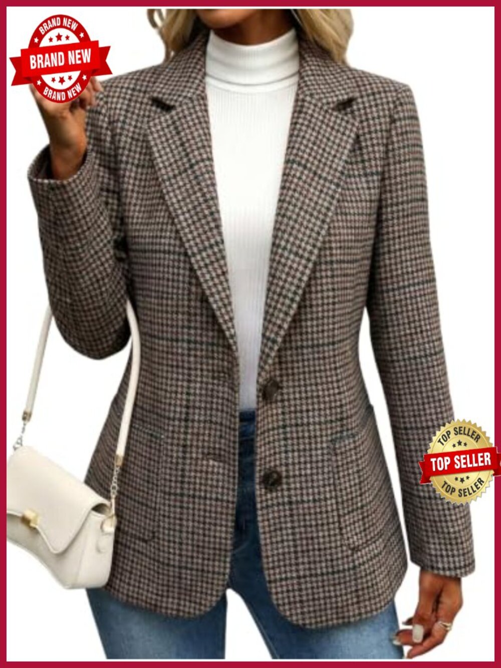 Wool Blend Houndstooth Blazer Fitted V-Neck Business Casual